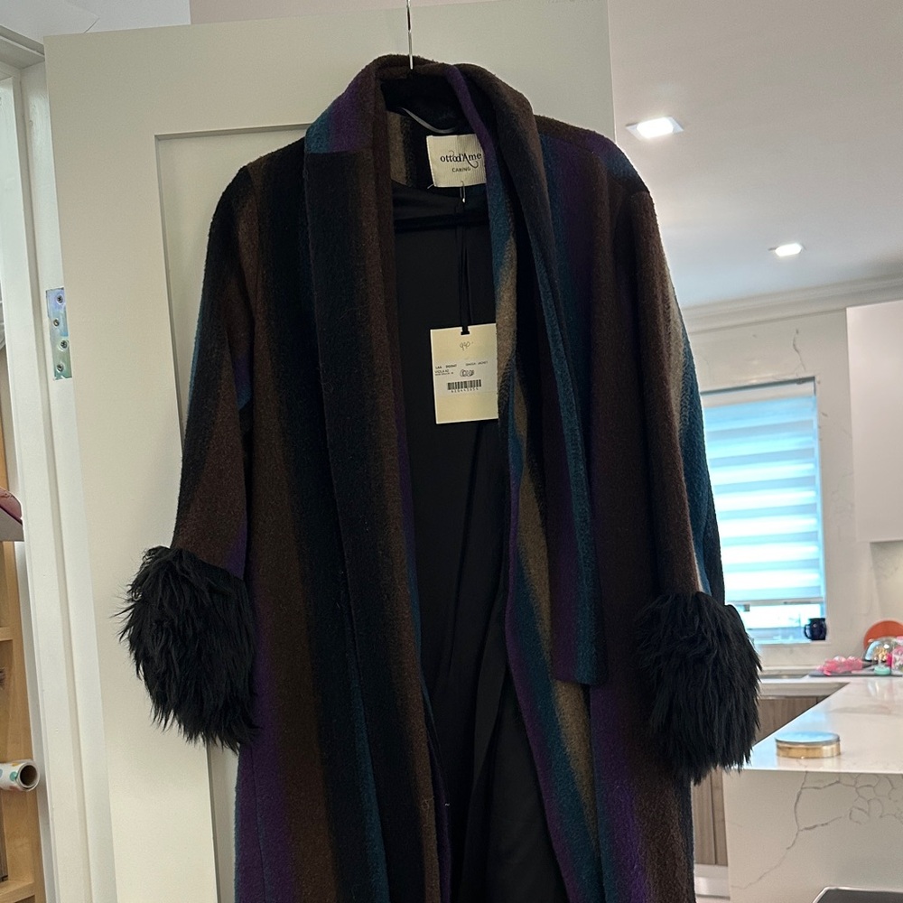 Oversized Faux-Fur Cuff Coat in Multicolor Stripe